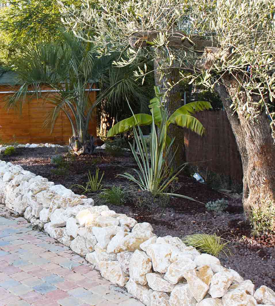 Jardin méditerranéen ensoleillé avec palmier, olivier, bananier et yucca. Mur en pierres naturelles et allée pavée colorée.