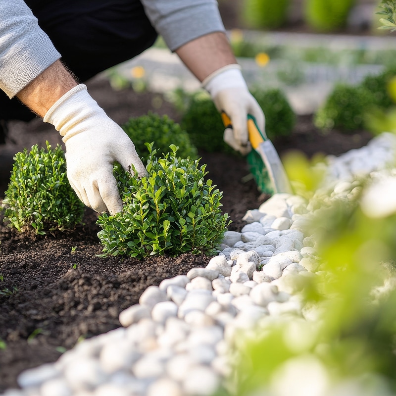 Jardinier en gants plante de jeunes buissons verts et aménage le sol avec des pierres blanches. Outils de jardinage à portée de main.