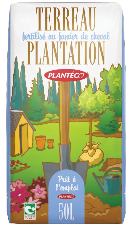 Sac de terreau Plantation PLANTÉCO 50L, fertilisé au fumier de cheval, prêt à l'emploi. Illustration de jardinage avec pelle, arbre à planter et fleurs.