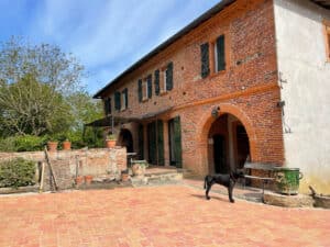 Maison ancienne en briques rouges typique du sud de la France avec volets verts, chiot noir sur terrasse dallée de terre cuite, outils de jardinage à côté d'un muret.